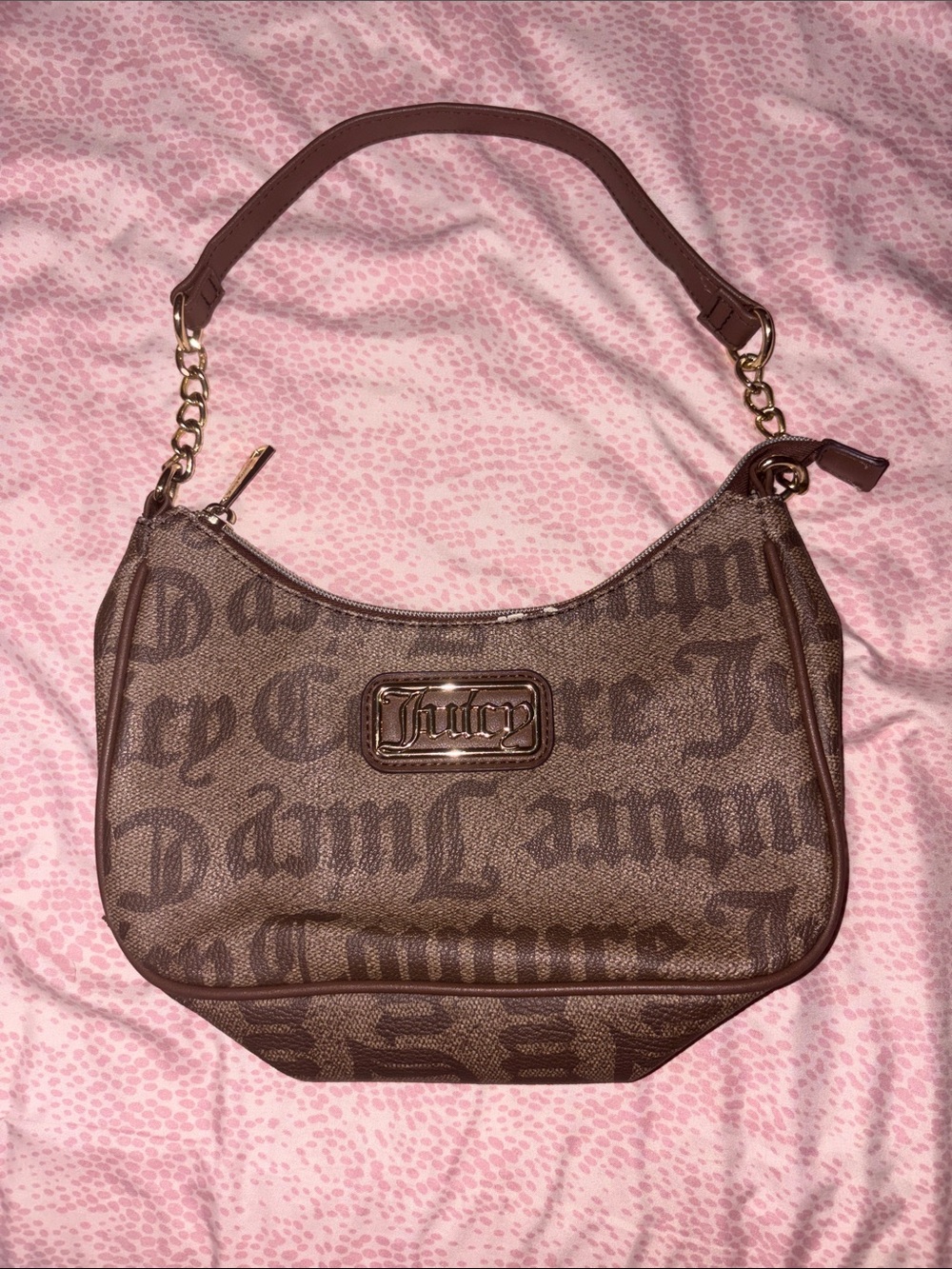 Juicy Couture Brown Monogram Shoulder Bag with Gold-Tone Plaque